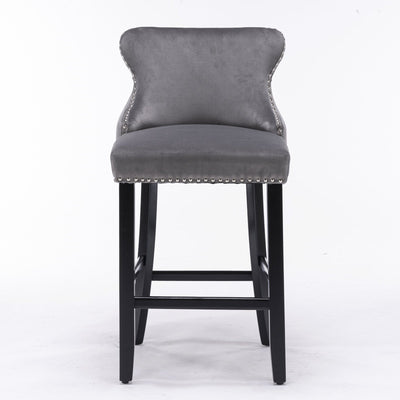 Velvet Wingback Bar Stool Set With Button Tufted Upholstery And Wooden Legs