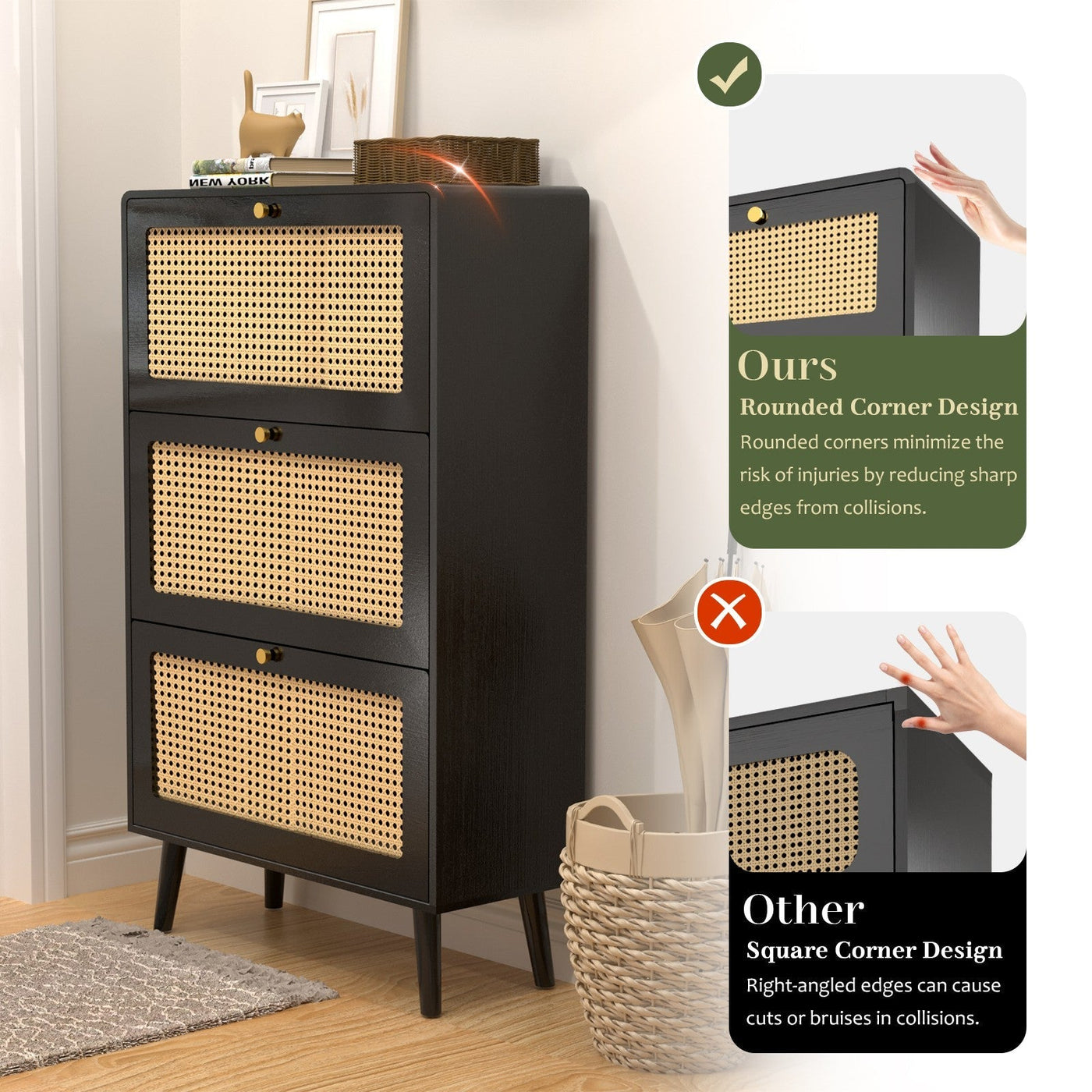 Vine Narrow Shoe Cabinet With 3 Flip Drawers For Entrance Use