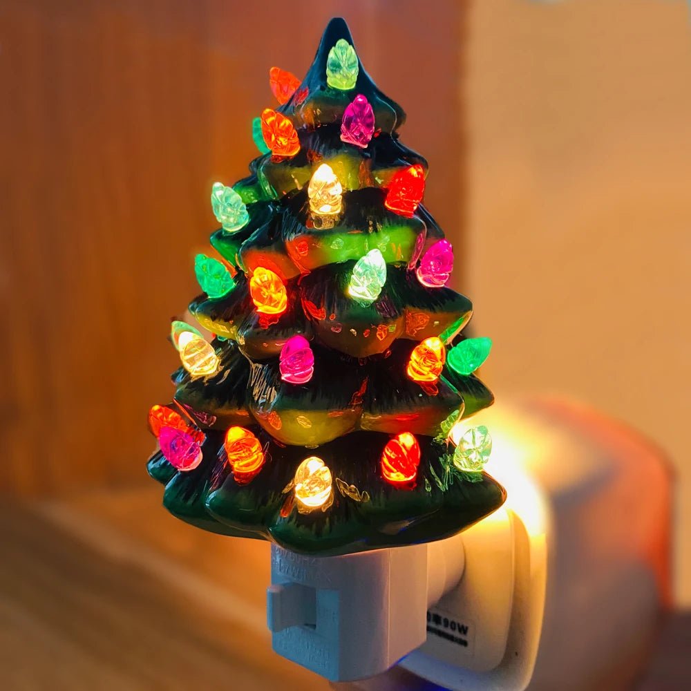 Vintage Ceramic Christmas Tree Night Light Hand-Painted Holiday Glow