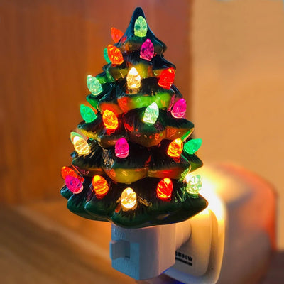 Vintage Ceramic Christmas Tree Night Light Hand-Painted Holiday Glow
