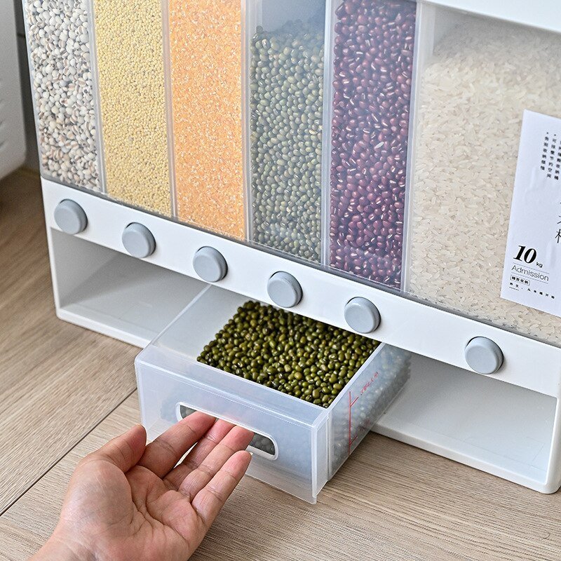 Wall-Mounted Dry Food Dispenser With 6 Or 3 Grid Cereal Storage Organizer