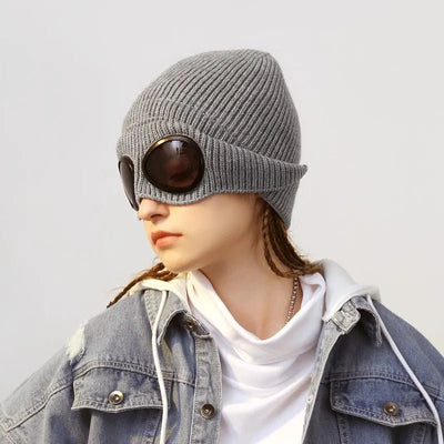 Knitted Beanie With Goggles And Ear Protection For Winter Outdoor Use