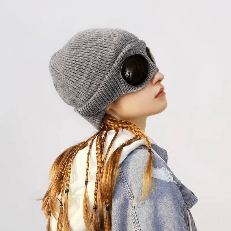 Knitted Beanie With Goggles And Ear Protection For Winter Outdoor Use