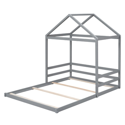Wood Full Size House Bed With Safety Guardrail For Kids