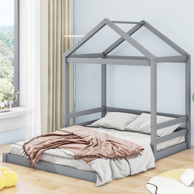 Wood Full Size House Bed With Safety Guardrail For Kids