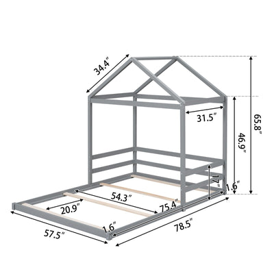 Wood Full Size House Bed With Safety Guardrail For Kids
