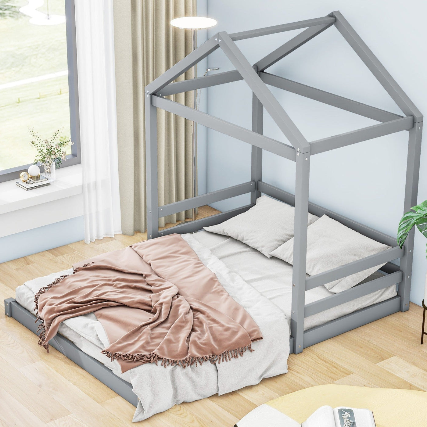 Wood Full Size House Bed With Safety Guardrail For Kids