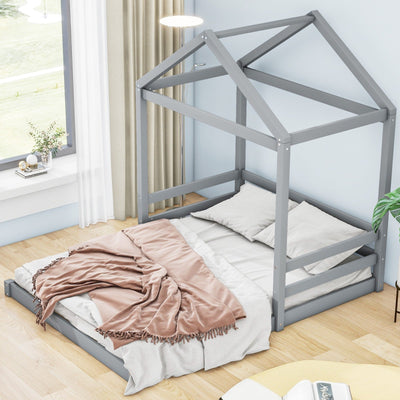 Wood Full Size House Bed With Safety Guardrail For Kids