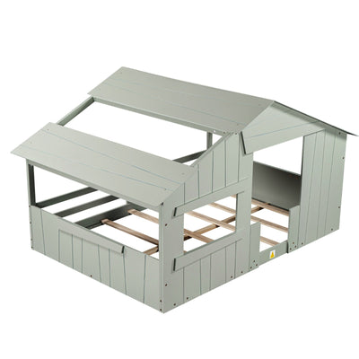 Full-Size House Bed With Roof Window And Safety Guardrail Light