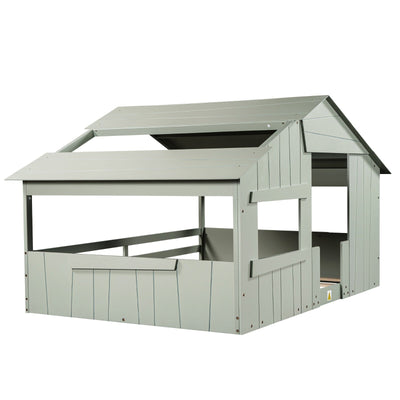 Full-Size House Bed With Roof Window And Safety Guardrail Light