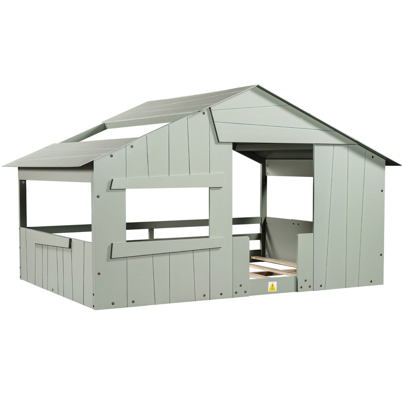 Full-Size House Bed With Roof Window And Safety Guardrail Light