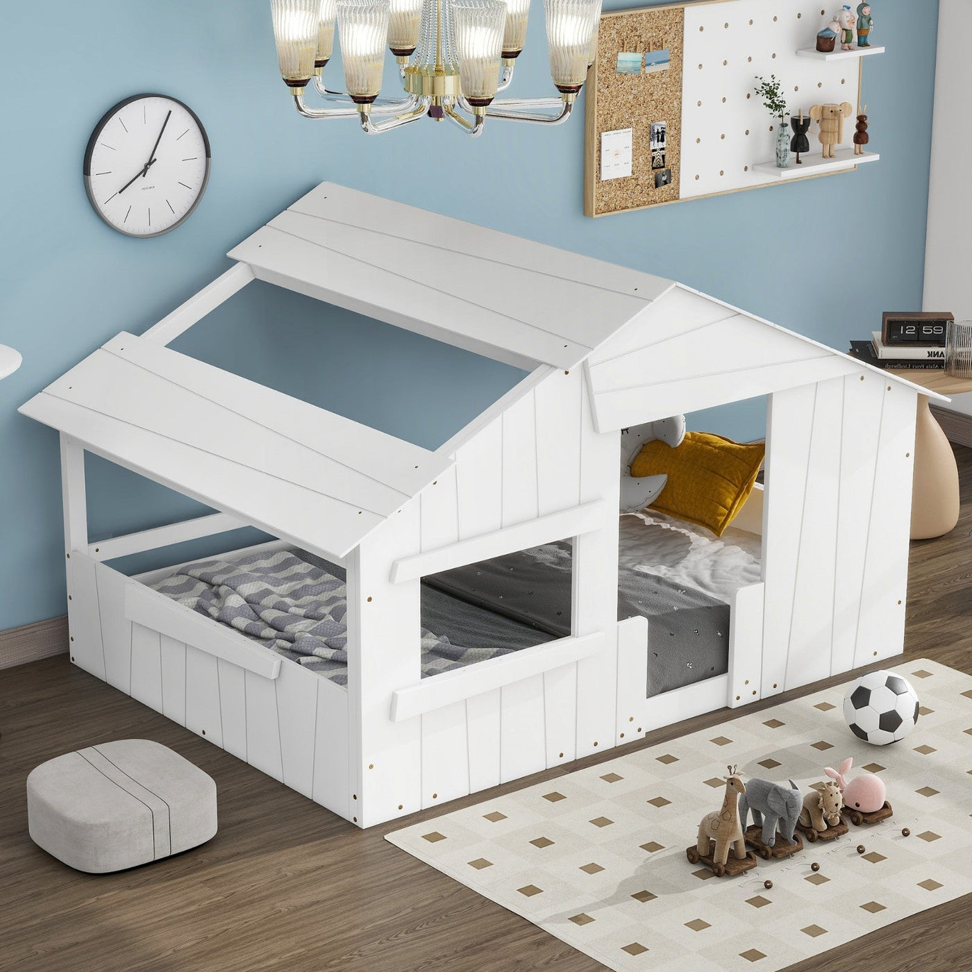Full-Size House Bed With Roof Window And Safety Guardrail Light