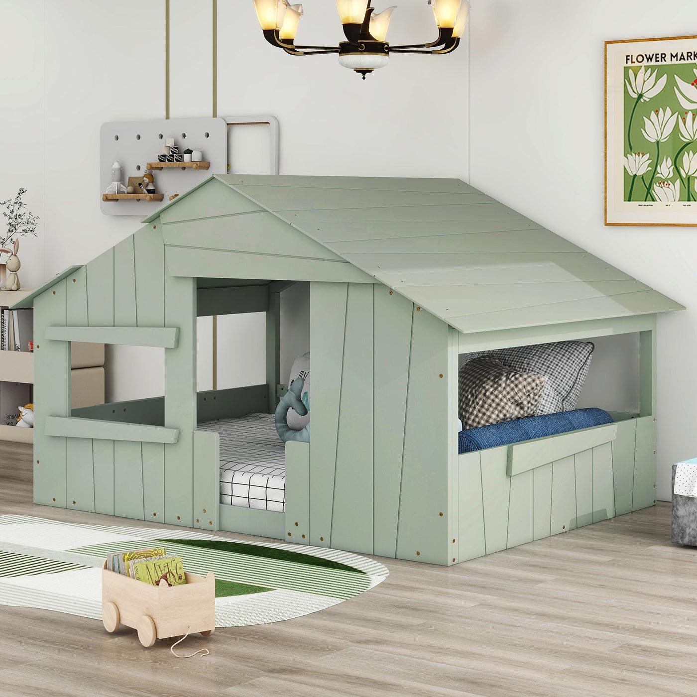 Full-Size House Bed With Roof Window And Safety Guardrail Light