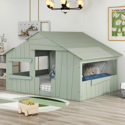 Full-Size House Bed With Roof Window And Safety Guardrail Light