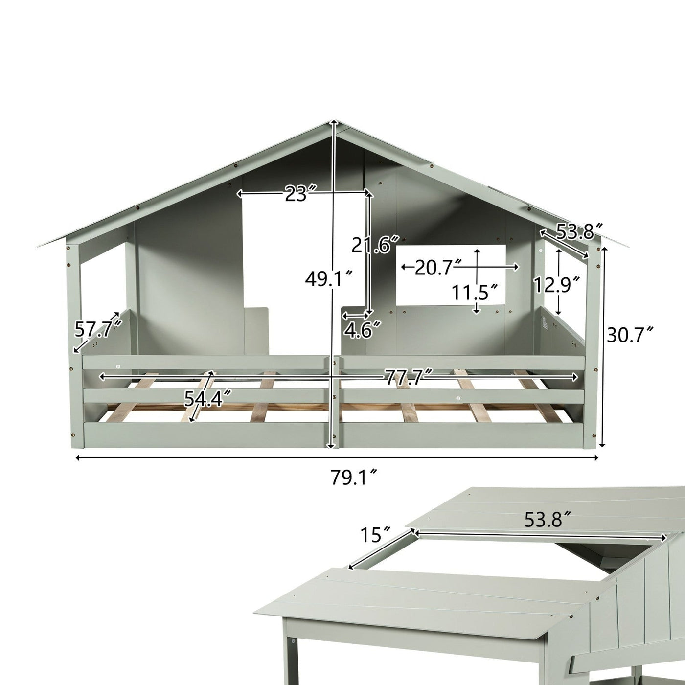 Full-Size House Bed With Roof Window And Safety Guardrail Light