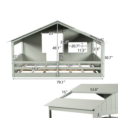 Full-Size House Bed With Roof Window And Safety Guardrail Light