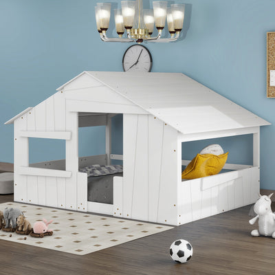 Full-Size House Bed With Roof Window And Safety Guardrail Light