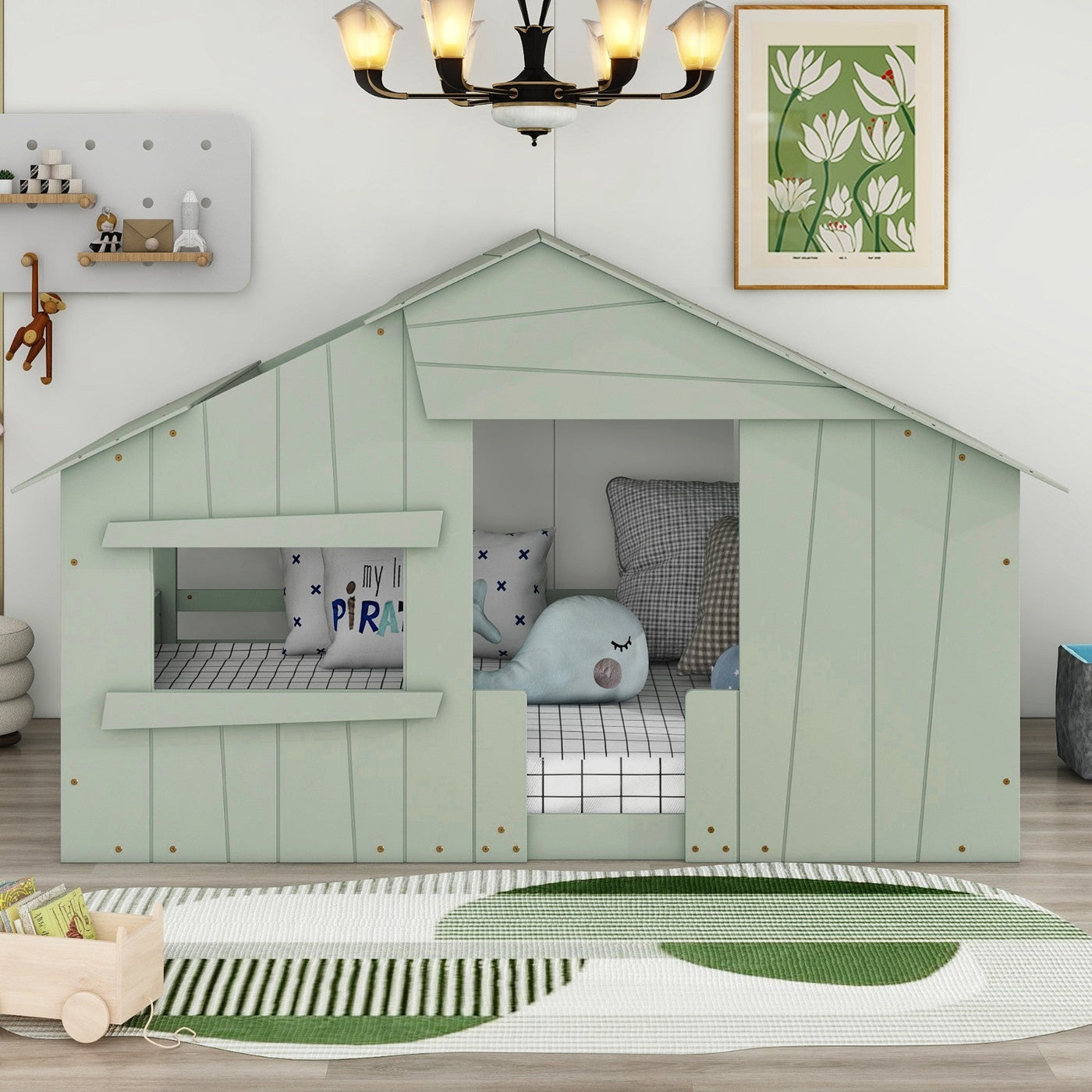 Full-Size House Bed With Roof Window And Safety Guardrail Light