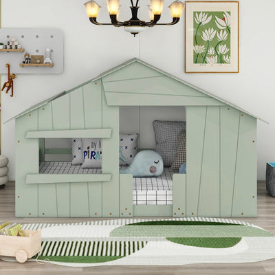 Full-Size House Bed With Roof Window And Safety Guardrail Light