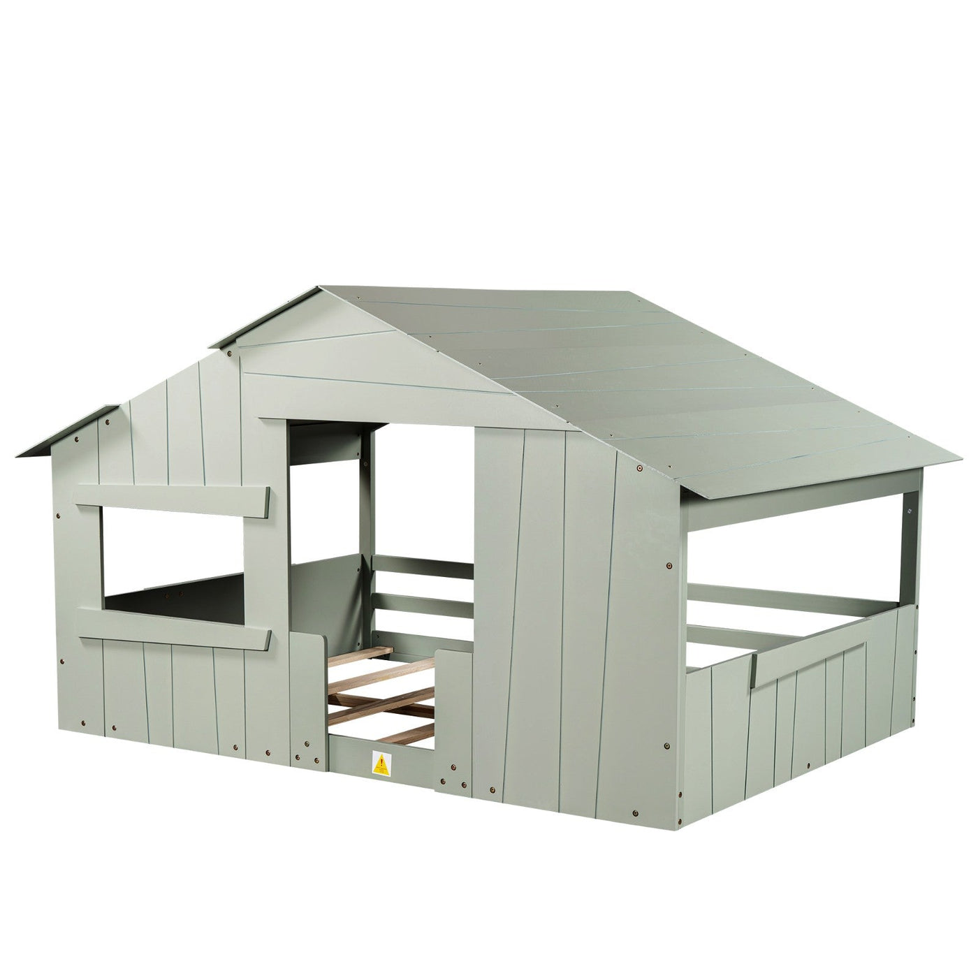 Full-Size House Bed With Roof Window And Safety Guardrail Light