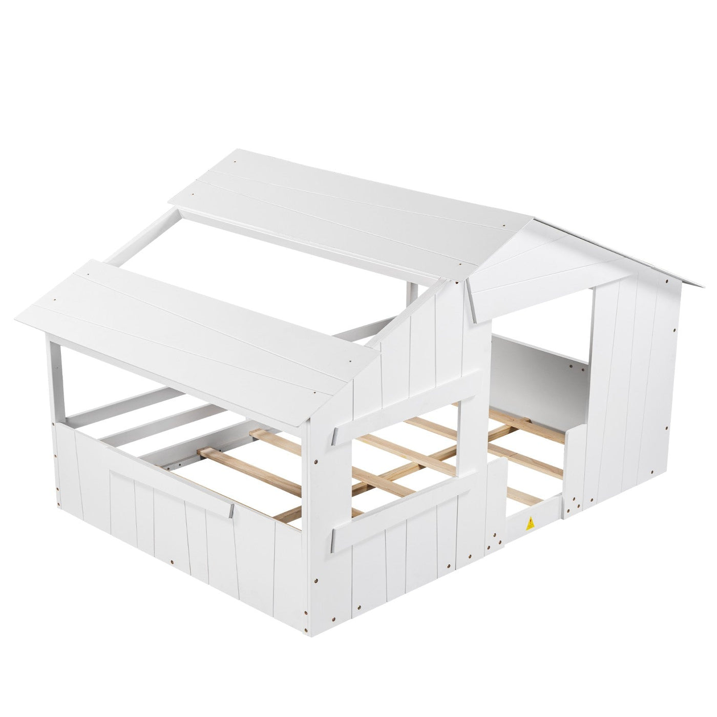 Full-Size House Bed With Roof Window And Safety Guardrail Light
