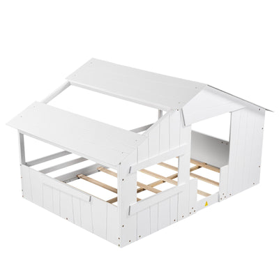 Full-Size House Bed With Roof Window And Safety Guardrail Light