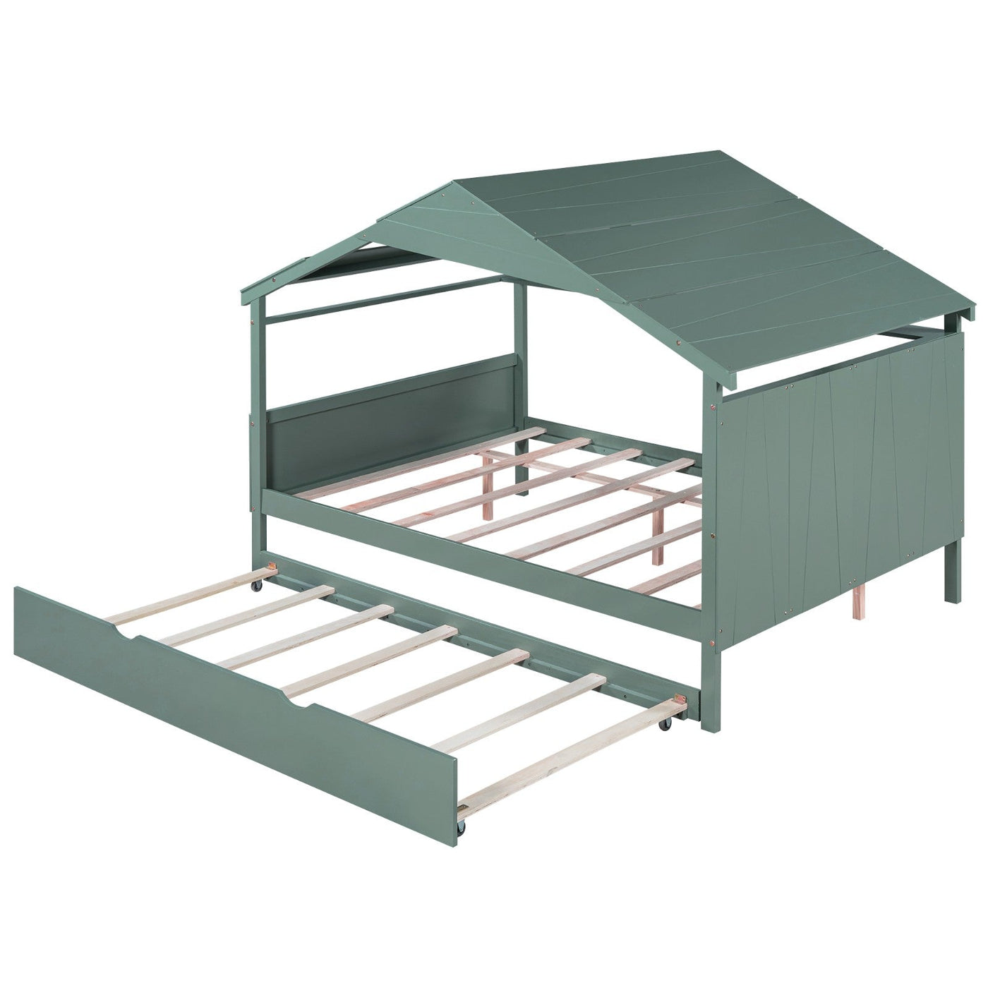 Wood Full Size House Bed With Storage And Twin Trundle