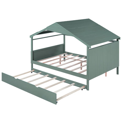 Wood Full Size House Bed With Storage And Twin Trundle