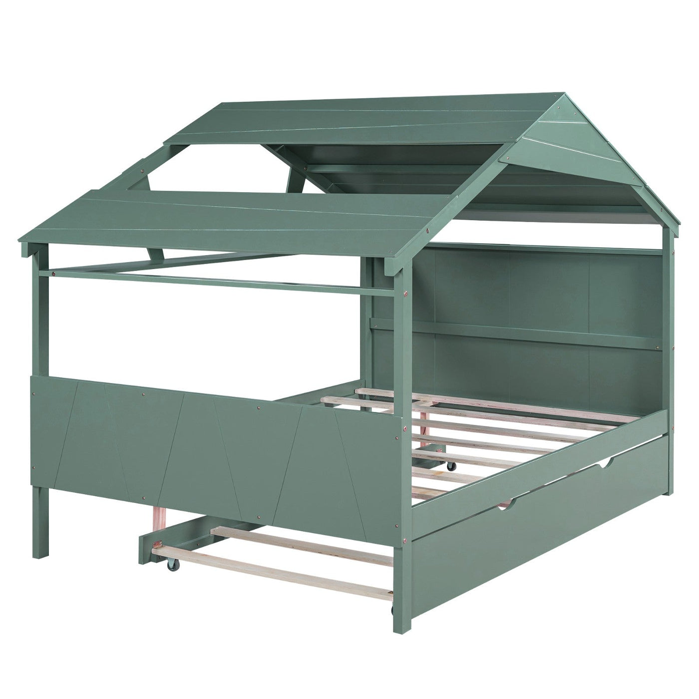 Wood Full Size House Bed With Storage And Twin Trundle