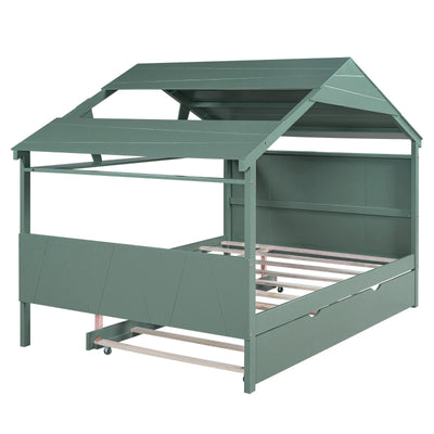 Wood Full Size House Bed With Storage And Twin Trundle