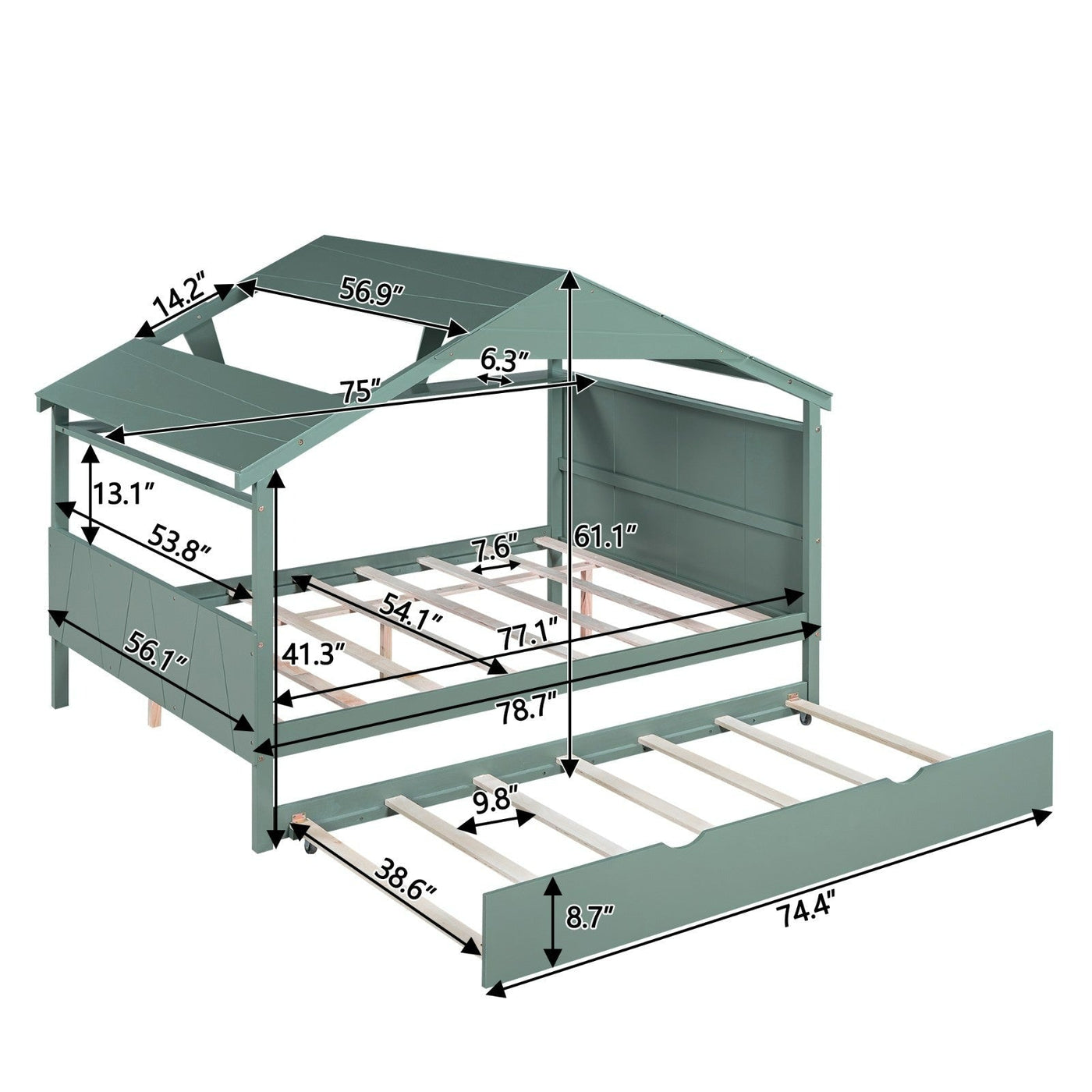 Wood Full Size House Bed With Storage And Twin Trundle