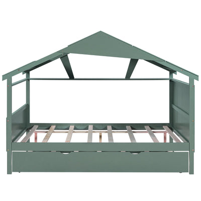 Wood Full Size House Bed With Storage And Twin Trundle