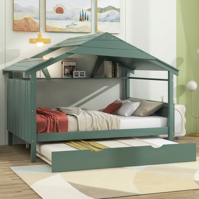 Wood Full Size House Bed With Storage And Twin Trundle