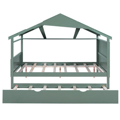 Wood Full Size House Bed With Storage And Twin Trundle