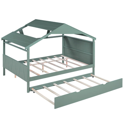 Wood Full Size House Bed With Storage And Twin Trundle