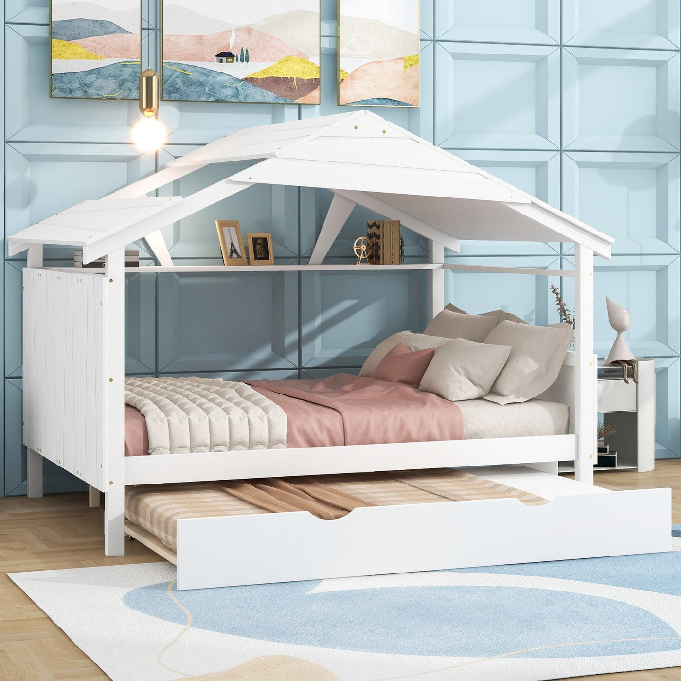 Full Size House Bed With Twin Trundle And Storage Drawer