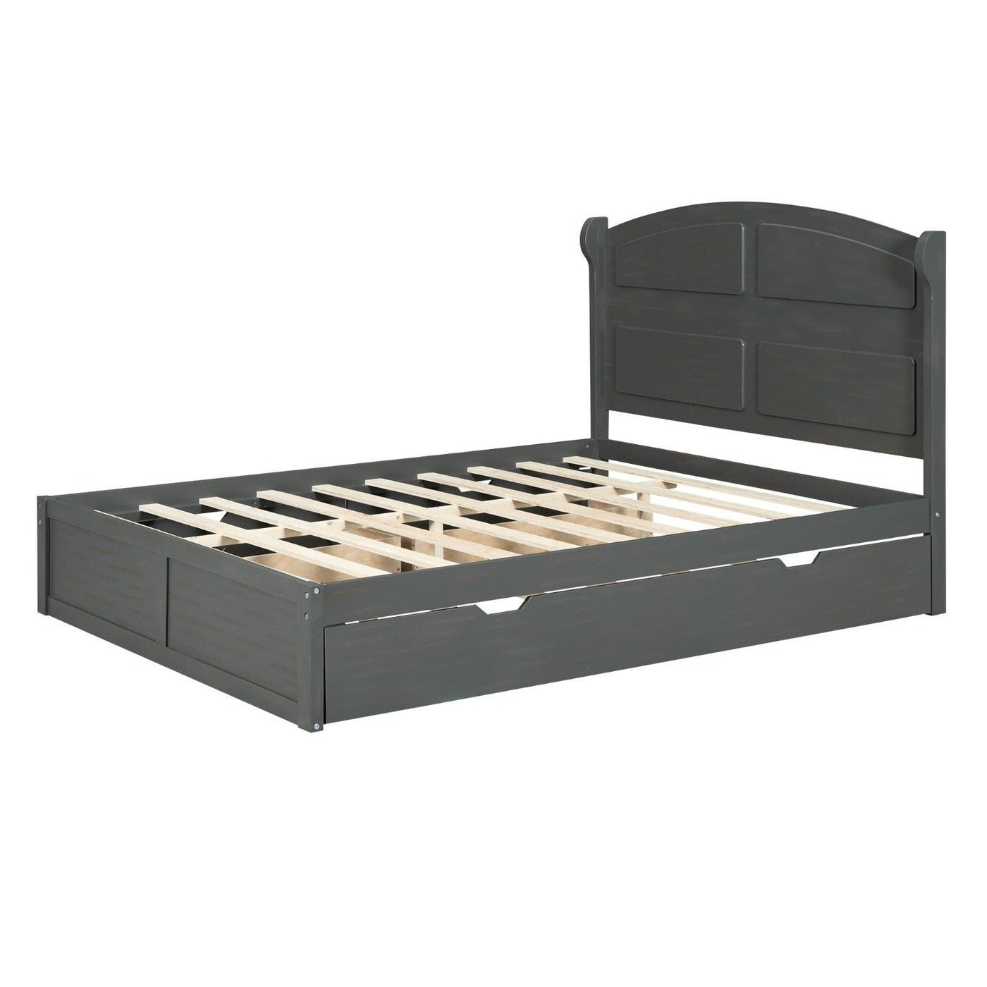 Wood Queen Size Platform Bed With Twin Trundle And Two Drawers