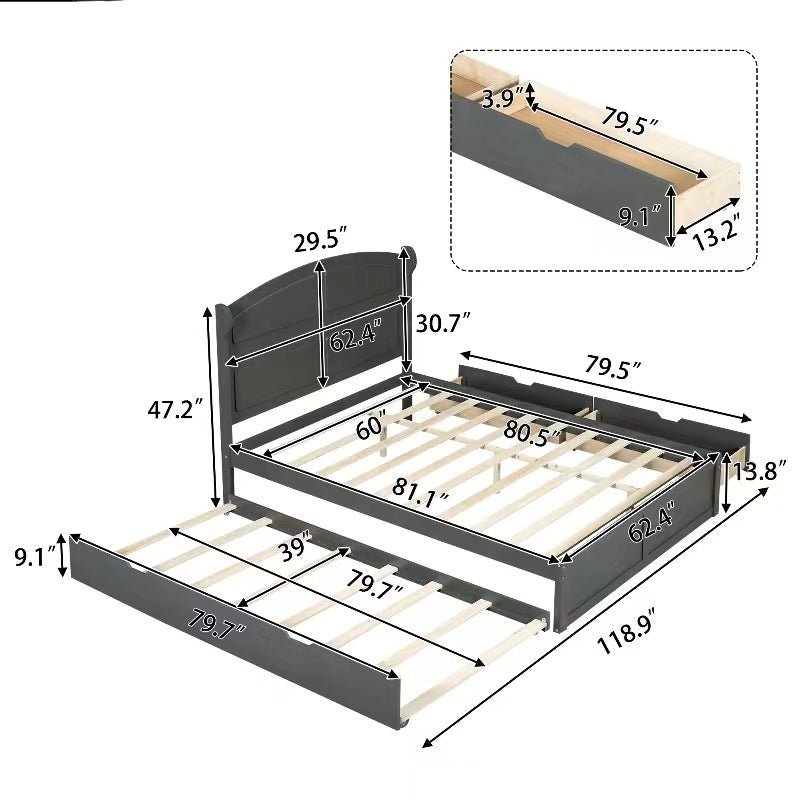 Wood Queen Size Platform Bed With Twin Trundle And Two Drawers