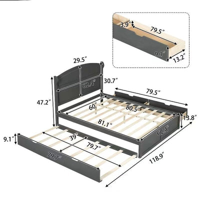 Wood Queen Size Platform Bed With Twin Trundle And Two Drawers