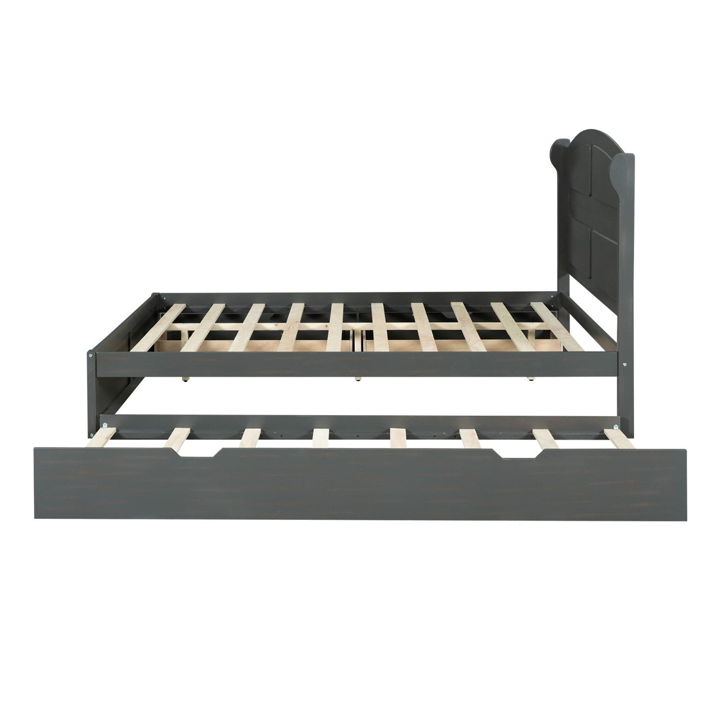 Wood Queen Size Platform Bed With Twin Trundle And Two Drawers