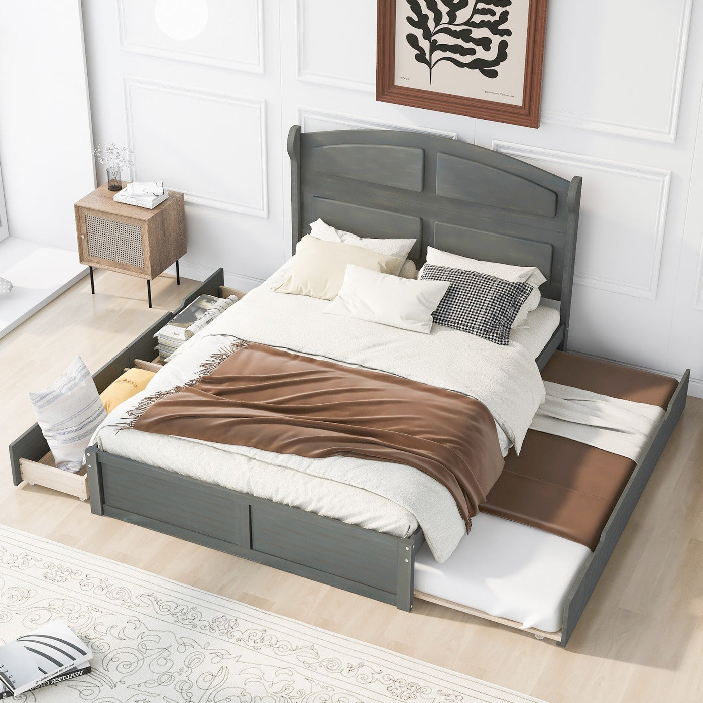 Wood Queen Size Platform Bed With Twin Trundle And Two Drawers