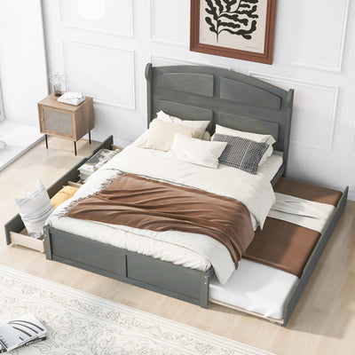Wood Queen Size Platform Bed With Twin Trundle And Two Drawers