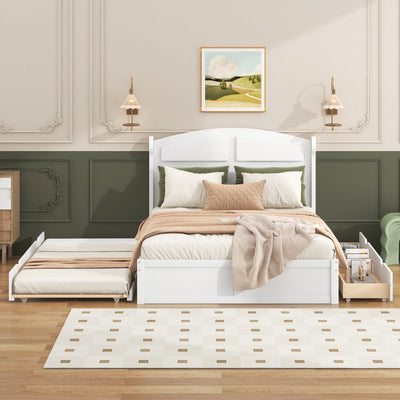 Wood Queen Size Platform Bed With Twin Trundle And Two Drawers