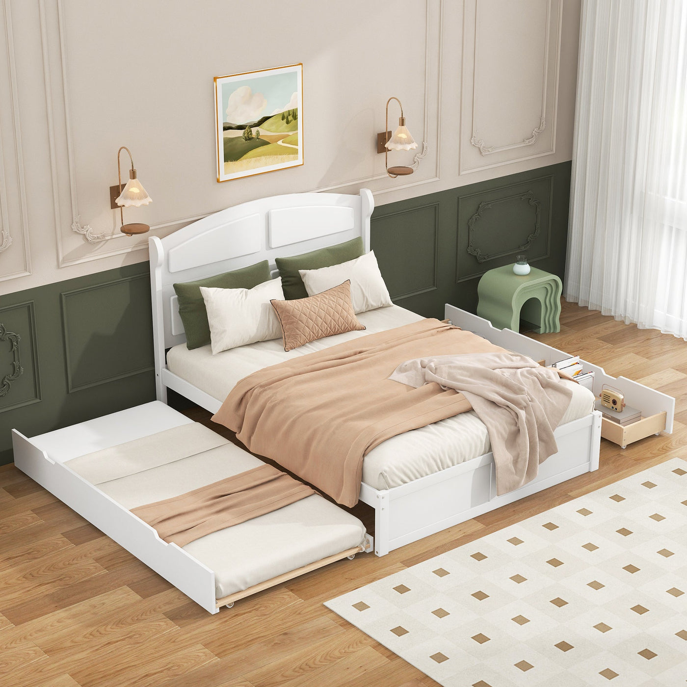 Wood Queen Size Platform Bed With Twin Trundle And Two Drawers