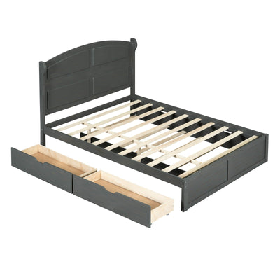 Wood Queen Size Platform Bed With Twin Trundle And Two Drawers
