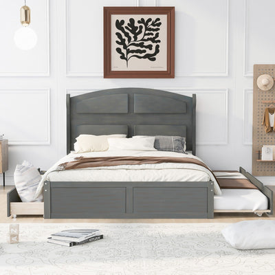 Wood Queen Size Platform Bed With Twin Trundle And Two Drawers
