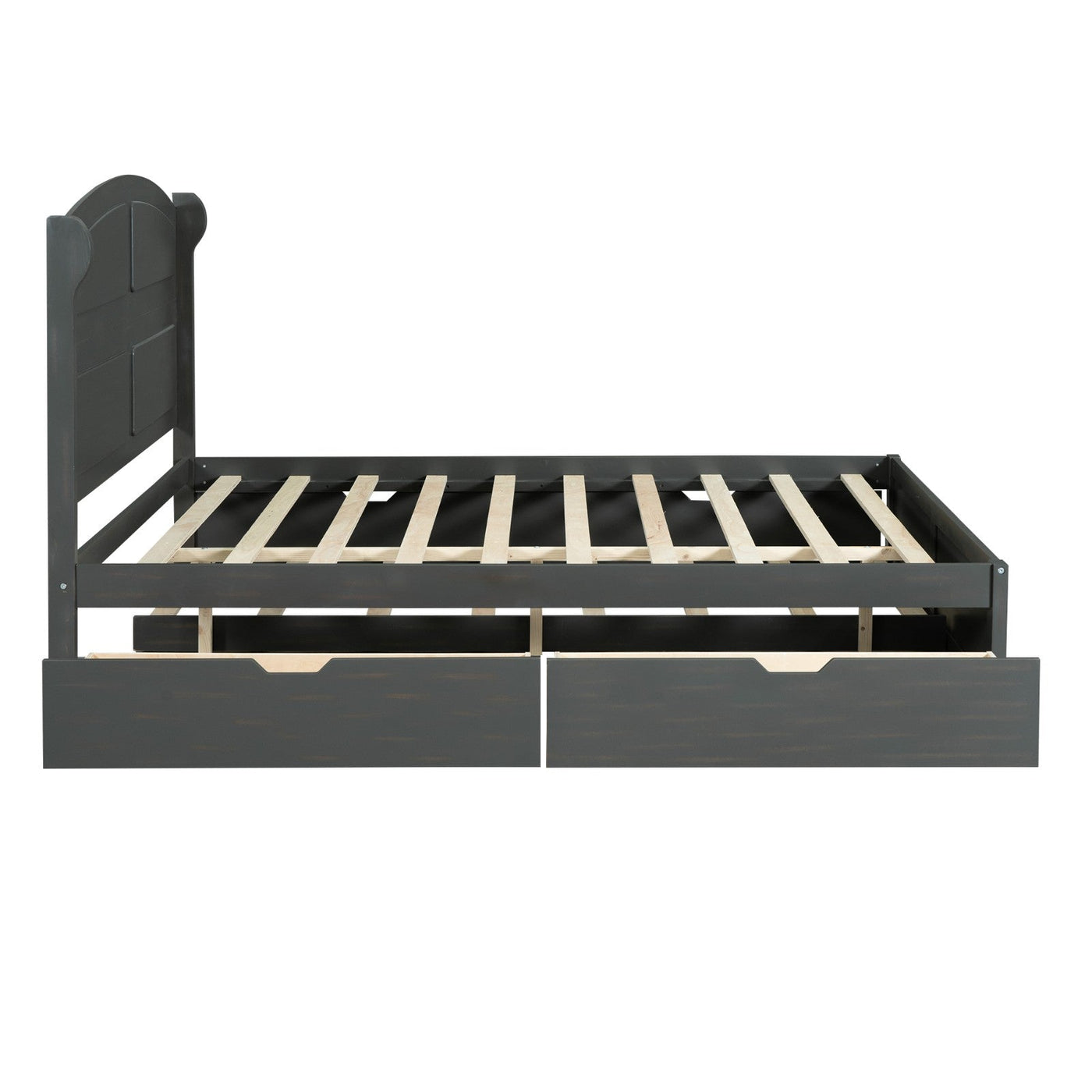 Wood Queen Size Platform Bed With Twin Trundle And Two Drawers