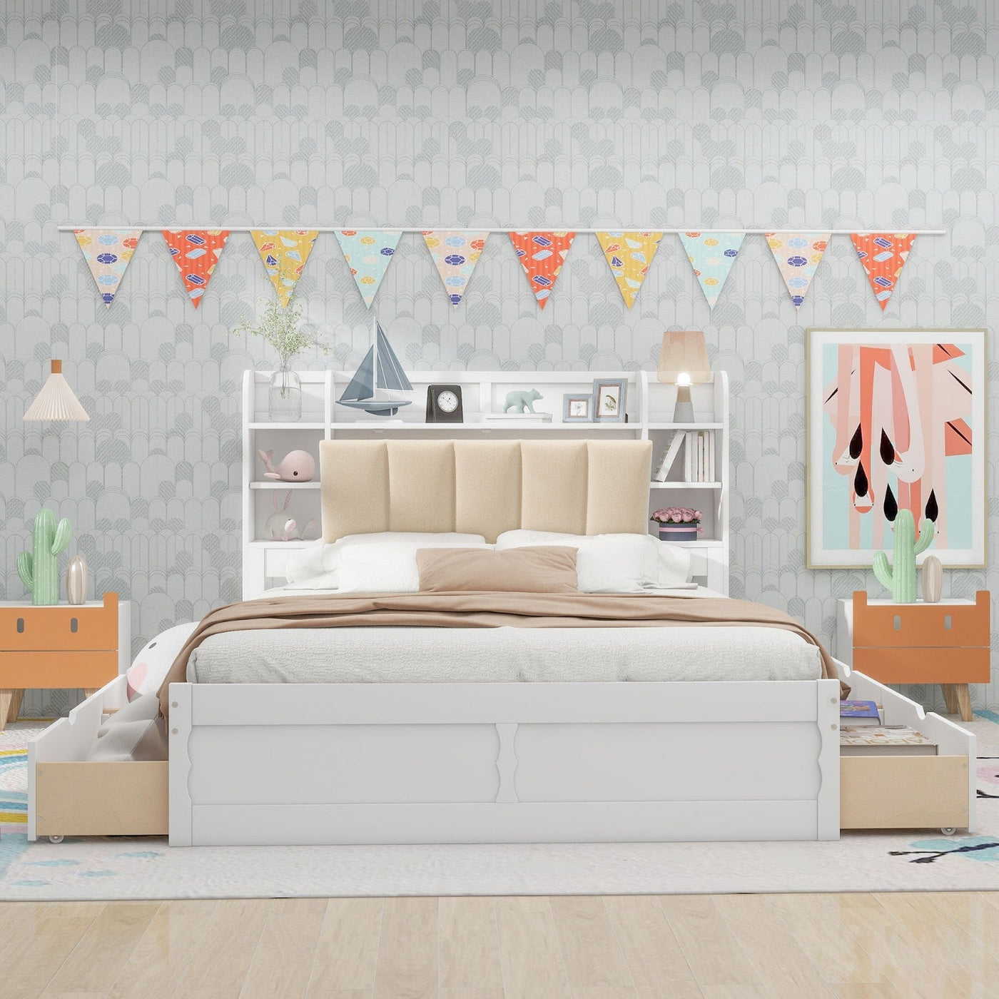 Queen Size Platform Bed With Storage Shelves And Four Drawers