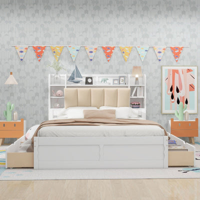 Queen Size Platform Bed With Storage Shelves And Four Drawers