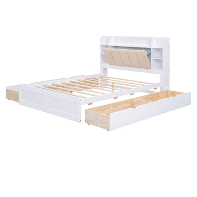 Queen Size Platform Bed With Storage Shelves And Four Drawers